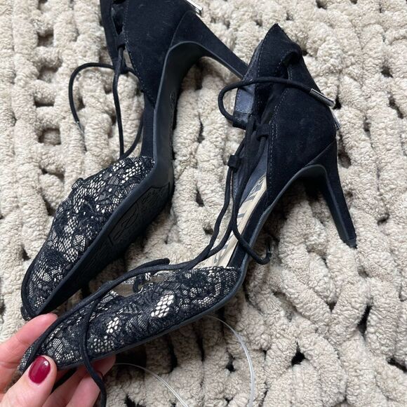 Sam & Libby Black Lace Strappy Ankle Tie Heels 6.5 - Picture 4 of 5